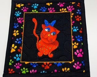 Quilted Cat Mug Rug, Cat Lovers Mini Placemat, Cat Office Snack Mat, Cat Themed Oversized Quilted Coaster