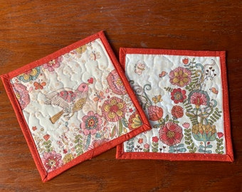 Quilted Floral Mug Rugs Set: Handmade Fabric Coasters
