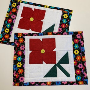 Red Flowers Quilted Mug Rug Snack Mat Handmade Set of Two