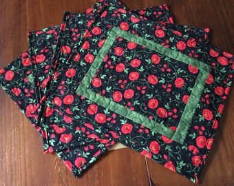 Poppy Quilted Placemats Black Red Green Set of 4