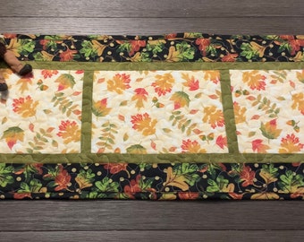 Fall Quilted Table Runner, Autumn Leaves Table Runner, Brown Orange Green Gold Quilted Table Runner