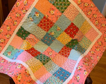 Baby Girl Quilt Pink Green Yellow Blue Floral Patchwork Handmade