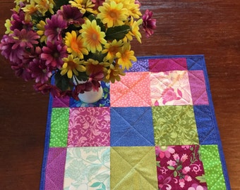 Floral Quilted Table Topper Blue Pink Purple Spring Summer Patchwork Handmade