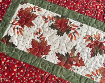 Maple Oak Leaves Fall Table Runner Quilted Brown Green Tan