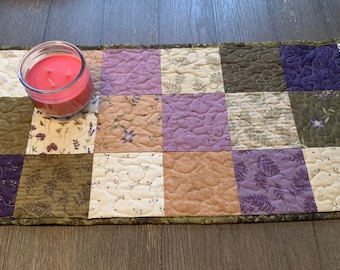 Floral Quilted Table Runner Greens Purples Browns Cream
