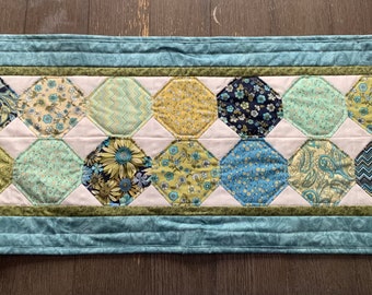 Blue Green Yellow Turquoise White Quilted Table Runner, Floral Table Runner Reproduction Prints