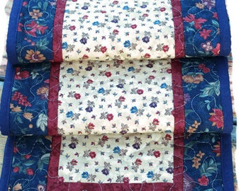 Quilted Table Runner Blue Floral, Navy Cranberry Gold Table Runner