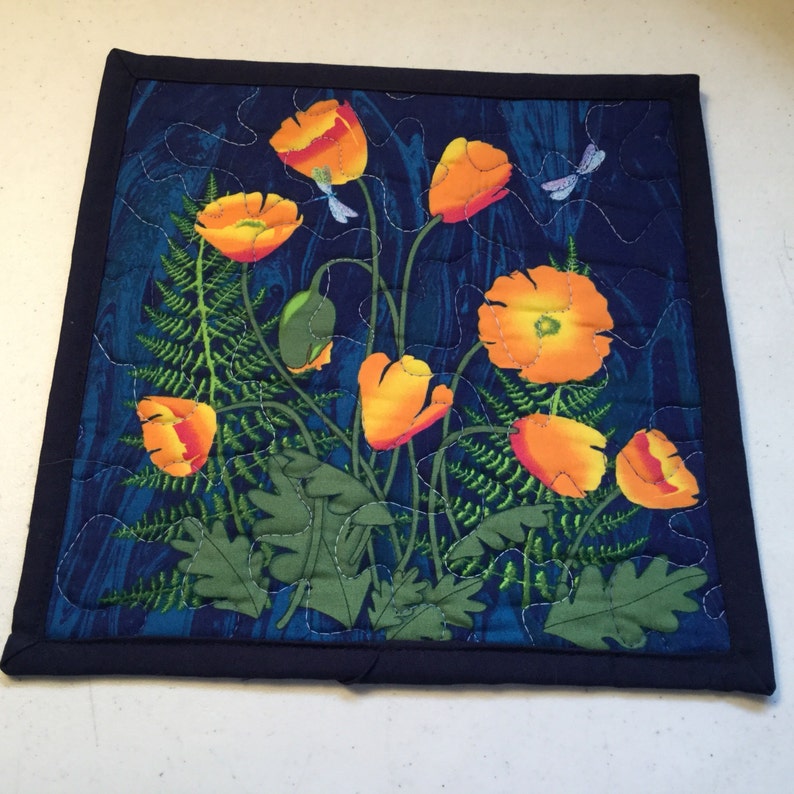 Floral Quilted Snack Mat Orange Poppy Floral Quilted Mini Placemat Quilted Blue Orange Floral Mug Rug