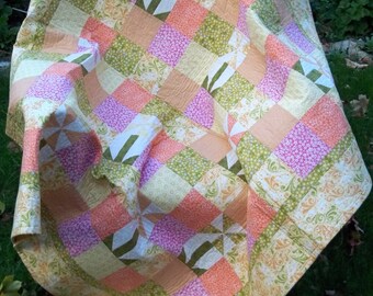 Floral Girl Pinwheel Lap Quilt Day Bed Quilt Yellow, Orange Pink Green White