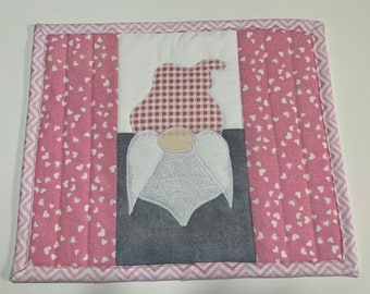 Valentine Gnome Quilted Mug Rug, Gnome Valentine Mini Placemat, Pink White Hearts Gnome Quilted Snack Mat, Gnome Lovers Gift