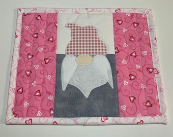 Valentine Gnome Quilted Mug Rug, Gnome Valentine Mini Placemat, Pink White Hearts Gnome Quilted Snack Mat, Gnome Lovers Gift