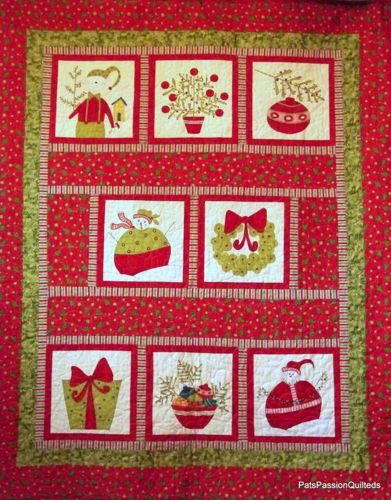 Christmas Elves Quilt, Quilted Christmas Blanket, Christmas Lap Quilt, Christmas Wall Hanging, Quilt with Minky Backing Red White Green image 5