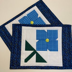 Blue White Flower Mug Rugs Quilted, Oversized Handmade Quilted Coasters, Small Quilted Placemats Set of 2