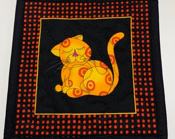 Quilted Cat Mug Rug, Cat Lovers Mini Placemat, Cat Office Snack Mat, Orange Red Black Cat Oversized Quilted Coaster