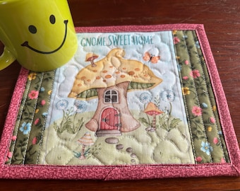 Gnome Mushroom House Quilted Mug Rug or Snack Mat