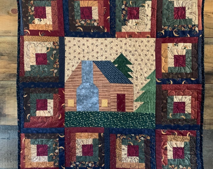 Log Cabin Wall Hanging Quilt, Fiber Fabric Art Wall Quilt Log Cabin ...