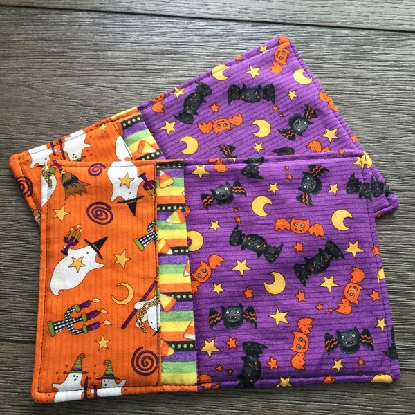 Quilted Halloween Coasters Set of 2, Oversized Coasters, Halloween Mug Rugs, Quilted Drink Costers, Ghosts Bats Orange Purple