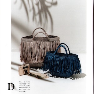 Puede incluir: Dos bolsos tote con flecos, uno beige y otro azul marino, con asas a juego. Una pequeña cámara vintage y algunas fotos están frente a los bolsos. Los bolsos forman parte de un estilo de resort de verano.
