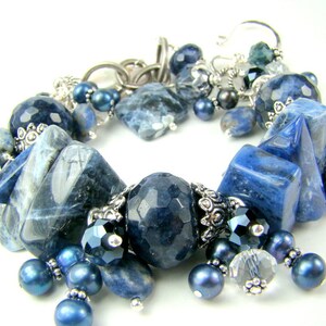 Blue cha cha bracelet, denim blue pearl statement bracelet, blue gemstones, chunky charm bracelet... DENIM image 2