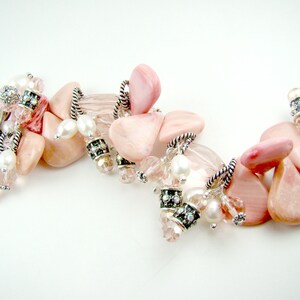 Pink statement bracelet, peachy pink cha cha charm bracelet, pink coral, pearl charms image 3