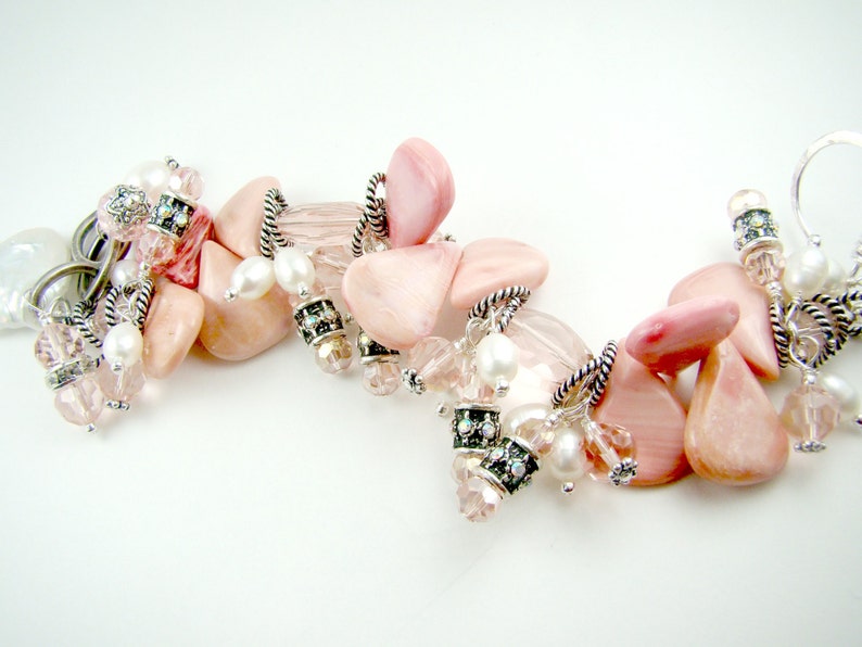 Pink statement bracelet, peachy pink cha cha charm bracelet, pink coral, pearl charms image 3