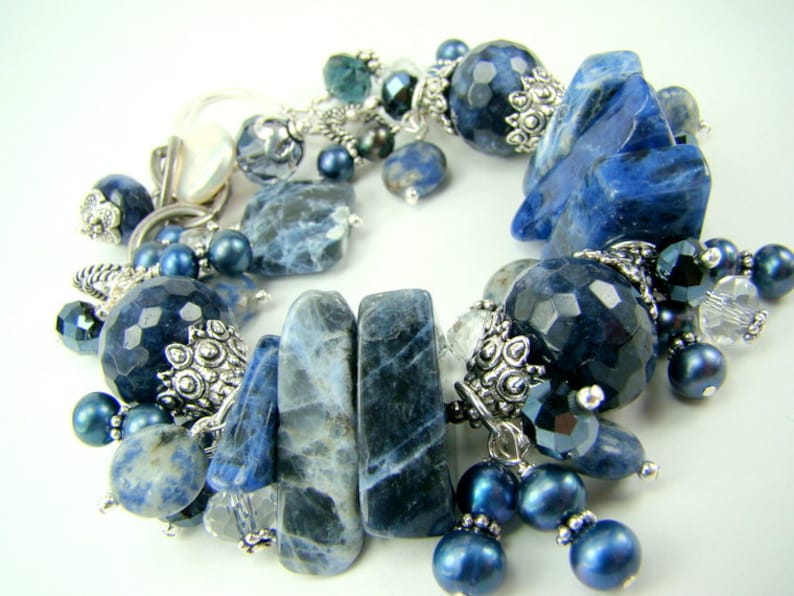 Blue cha cha bracelet, denim blue pearl statement bracelet, blue gemstones, chunky charm bracelet... DENIM image 1