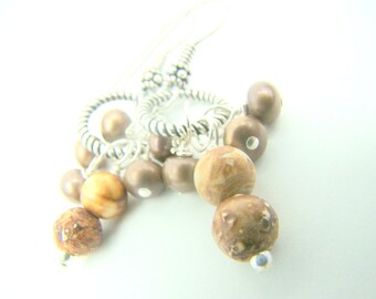 Brown dangle earrings, brown pearls, agate gemstones, pearl dangle earrings