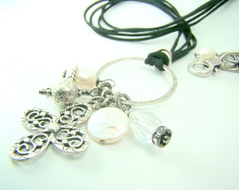 Long black charm necklace, silver cross, hammered silver pendant, pearl crystal charms, black leather cord