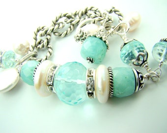 Chunky Aquamarine bracelet, aquamarine birthstone, chunky pearl charm bracelet, amazonite gemstone bracelet