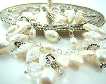 Pearl bracelet, white freshwater pearls, double strand bracelet, bridal fashion,... White diamonds