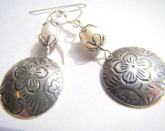 Petals... etched silver discs, pearl dangle earrings