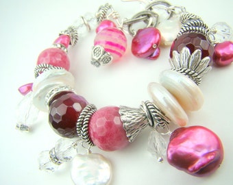 Chunky pink bracelet, pearl charm bracelet, fuschia pink pearls, pink gemstones