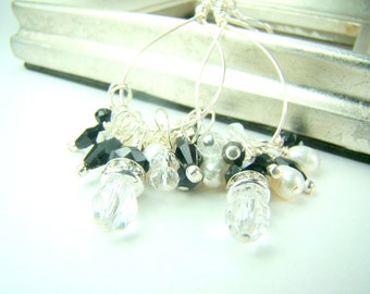 Black and white dangle earrings, freshwater pearl earrings, crystal chandelier earrings, long silver earrings