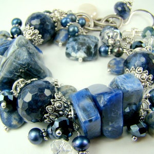 Blue cha cha bracelet, denim blue pearl statement bracelet, blue gemstones, chunky charm bracelet... DENIM image 3