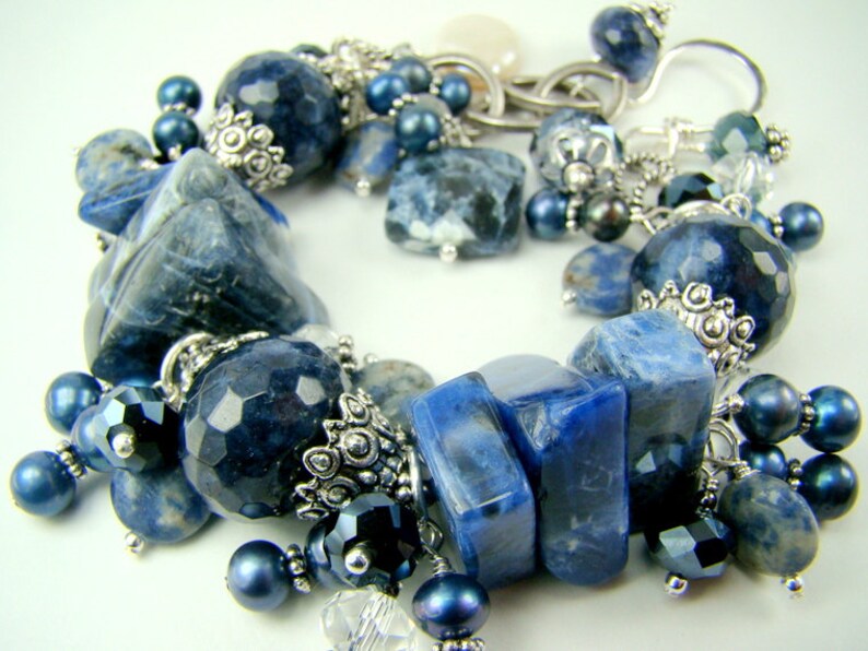 Blue cha cha bracelet, denim blue pearl statement bracelet, blue gemstones, chunky charm bracelet... DENIM image 3