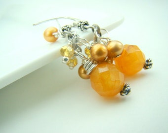 Golden dangle earrings, gemstone earrings, pearl dangles, yellow jade