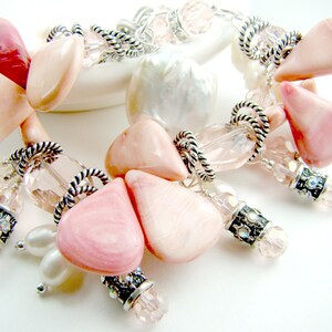 Pink statement bracelet, peachy pink cha cha charm bracelet, pink coral, pearl charms image 4