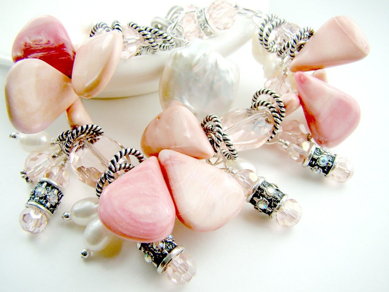 Pink statement bracelet, peachy pink cha cha charm bracelet, pink coral, pearl charms image 4