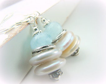 Aquamarine earrings, pearl earrings, blue and white, bridal jewelry,... WATERFALL