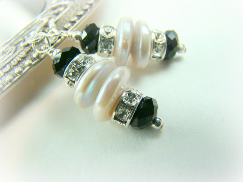 Black and White pearl, crystal earrings... TUXEDO image 2