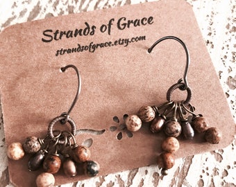 Brown gemstone dangle earrings, brown pearl earrings. bronze earwires