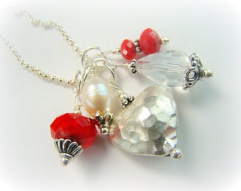 Red crystal necklace, pearl charm necklace, silver heart pendant, ... FOREVER MINE