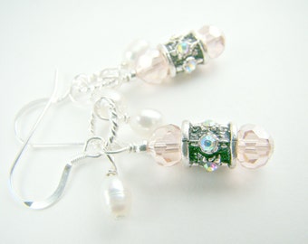 Peachy pink crystal and pearl earrings, pastel pink dangle earrings... Cotton Candy