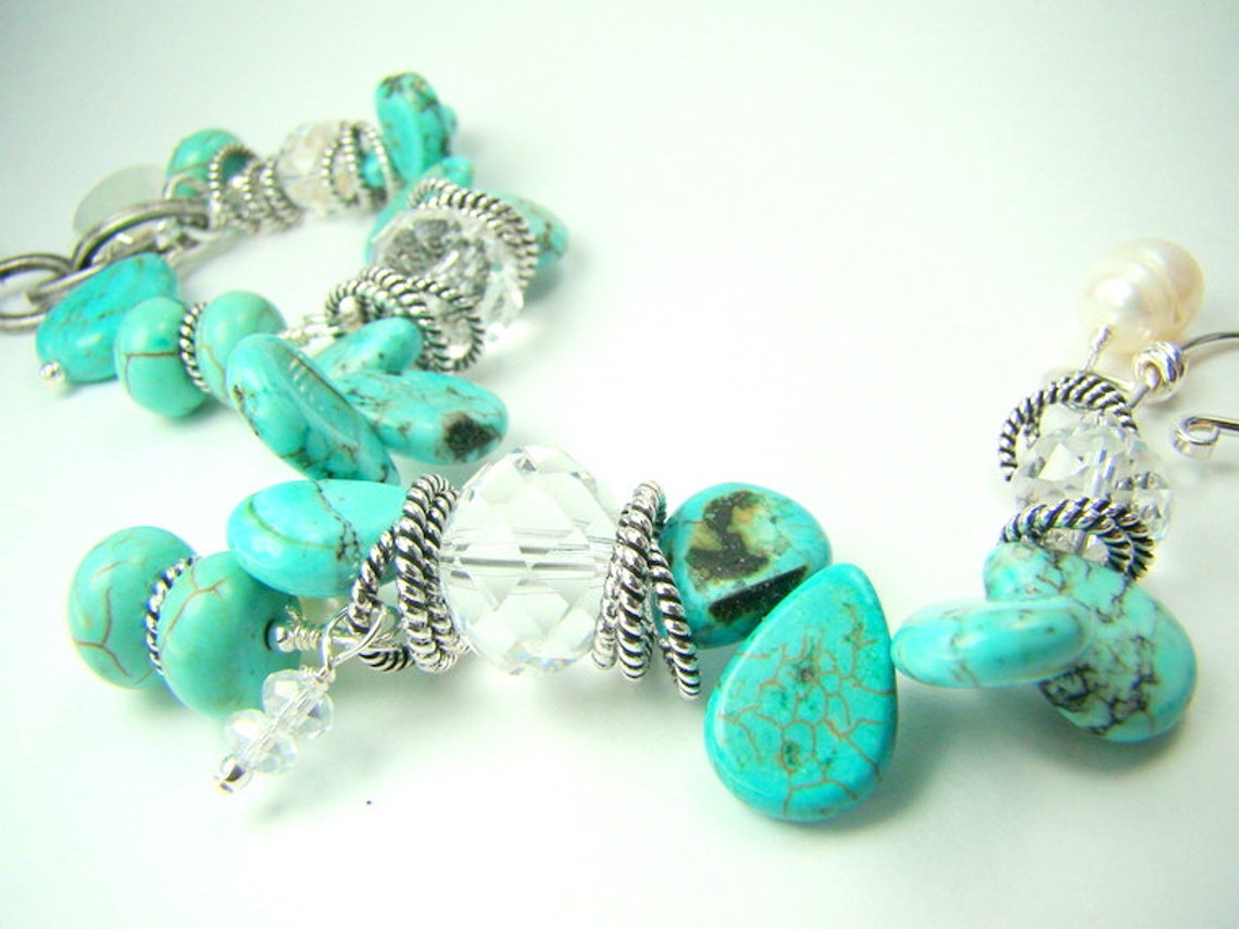 Turquoise and Pearl Bracelet, Gemstone Charm Bracelet, Chunky Turquoise, Robin Egg Blue Pastel ...