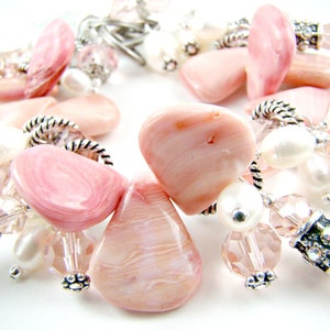 Pink statement bracelet, peachy pink cha cha charm bracelet, pink coral, pearl charms image 1