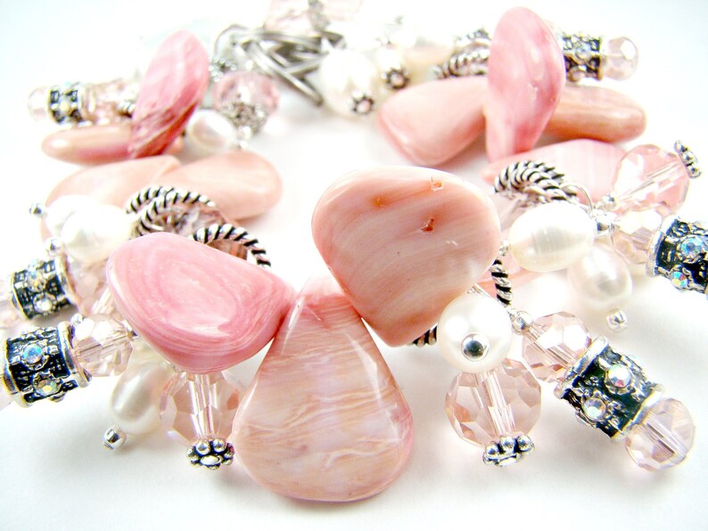 Pink statement bracelet, peachy pink cha cha charm bracelet, pink coral, pearl charms image 1