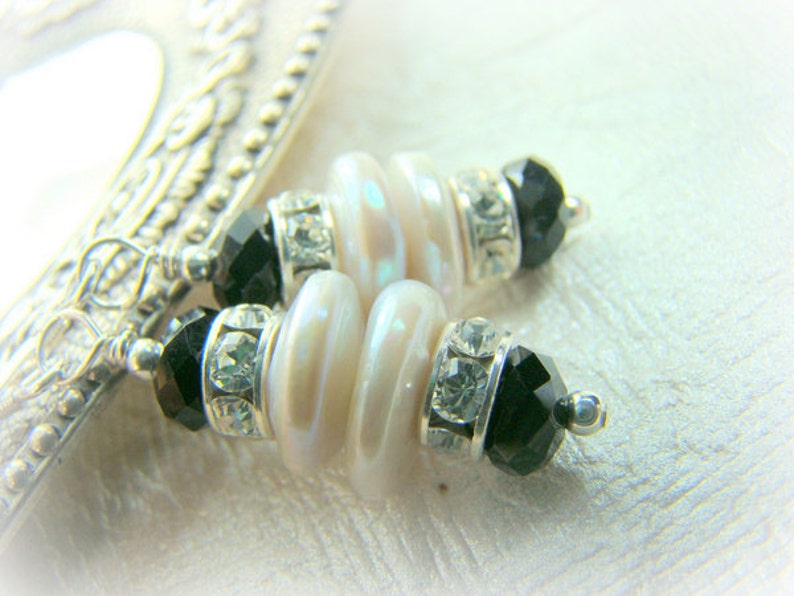 Black and White pearl, crystal earrings... TUXEDO image 1