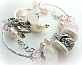 Breast Cancer Awareness bracelet, pearls, crystal, sterling silver,  multistrand, PINK COURAGE
