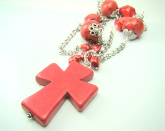 Red cross pendant necklace, red statement necklace, long red gemstone, red pearls, red coral, silver and red