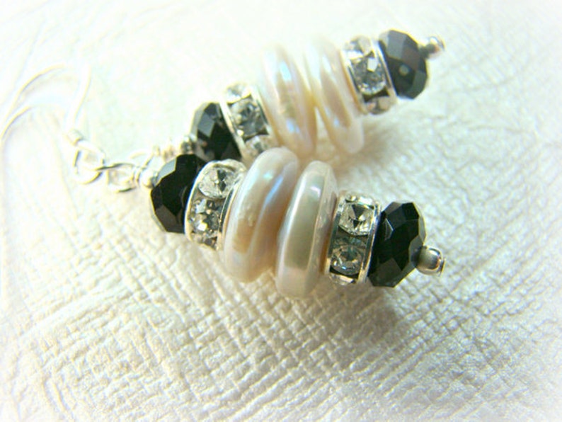 Black and White pearl, crystal earrings... TUXEDO image 3